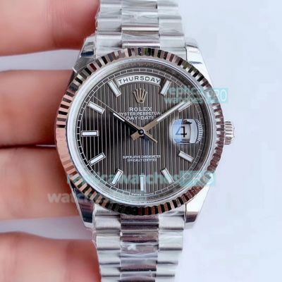 Noob Swiss ETA3255 Replica Rolex Day-Date 41mm Watch SS Grey Stripe Motif Dial